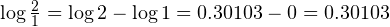 \log\frac{2}{1}=\log2-\log1 = 0.30103 - 0 = 0.30103